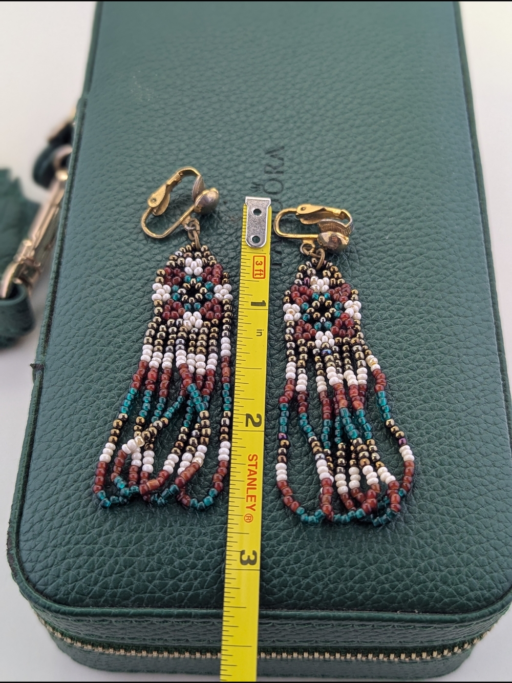 Vintage Hand-Beaded Fringe Drop Clip-On Earrings | Southwestern / Boho Style - Picture 3 of 3